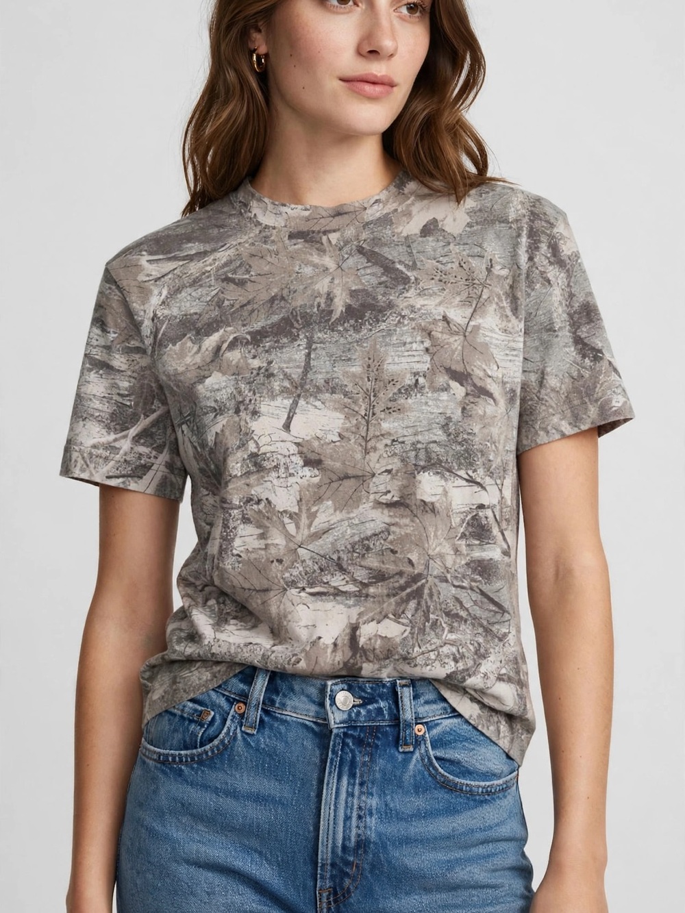 Hollister Neutral Boxy Heavyweight Taupe & Gray Leaf Print Short Sleeve Tee